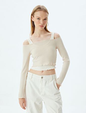 Uzun Kollu Tişört Crop Renk Bloklu Kalın Askılı Kayık Yaka