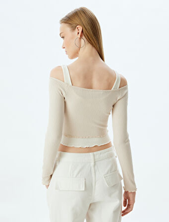 Uzun Kollu Tişört Crop Renk Bloklu Kalın Askılı Kayık Yaka