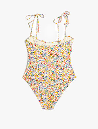 Çiçekli Mayo Balenli Drape Detaylı İnce Askılı Kalp Yaka