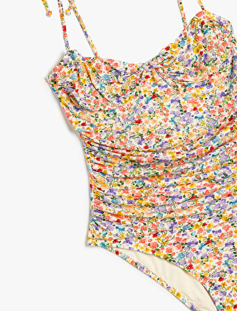 Çiçekli Mayo Balenli Drape Detaylı İnce Askılı Kalp Yaka