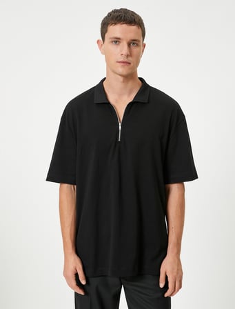 Polo Yaka Tişört Oversize Yarım Fermuarlı Kısa Kollu Pamuklu