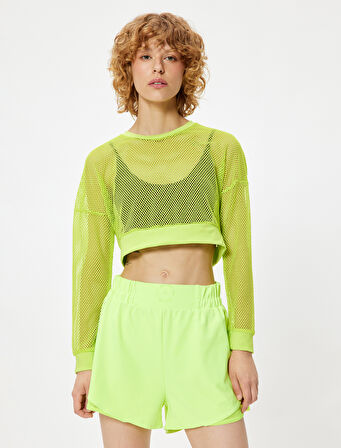 Spor File Tişört Crop Uzun Kollu Bisiklet Yaka