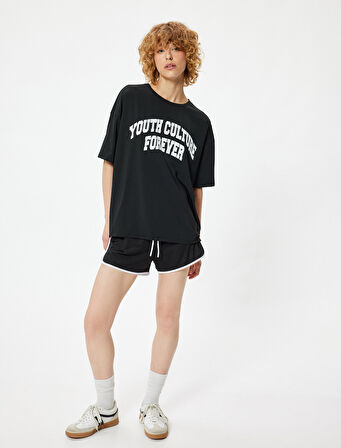 Oversize Spor Tişört Slogan Baskılı Bisiklet Yaka Kısa Kollu