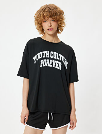 Oversize Spor Tişört Slogan Baskılı Bisiklet Yaka Kısa Kollu