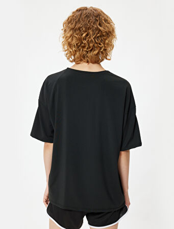 Oversize Spor Tişört Slogan Baskılı Bisiklet Yaka Kısa Kollu