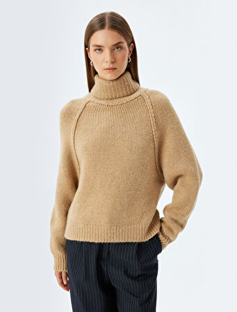 Yün Karışımlı Oversize Örgü Kazak Balıkçı Yaka Uzun Kollu 