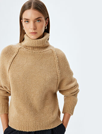 Yün Karışımlı Oversize Örgü Kazak Balıkçı Yaka Uzun Kollu 