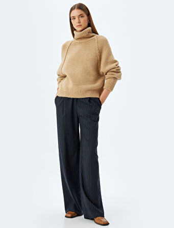 Yün Karışımlı Oversize Örgü Kazak Balıkçı Yaka Uzun Kollu 