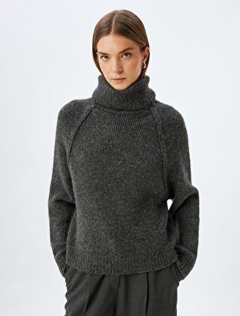 Yün Karışımlı Oversize Örgü Kazak Balıkçı Yaka Uzun Kollu