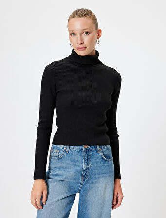 Fitilli Triko Boğazlı Kazak Basic Uzun Kollu