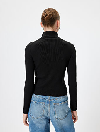 Fitilli Triko Boğazlı Kazak Basic Uzun Kollu