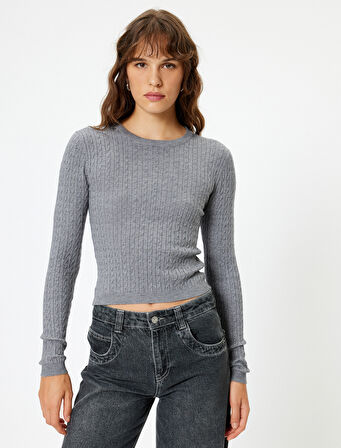 Saç Örgü Desenli Triko Kazak Bisiklet Yaka Uzun Kollu