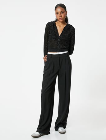 Crop Tişört Fermuarlı Kapüşonlu Uzun Kollu Simli Slim Fit