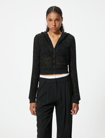 Crop Tişört Fermuarlı Kapüşonlu Uzun Kollu Simli Slim Fit