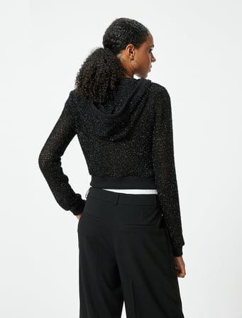 Crop Tişört Fermuarlı Kapüşonlu Uzun Kollu Simli Slim Fit