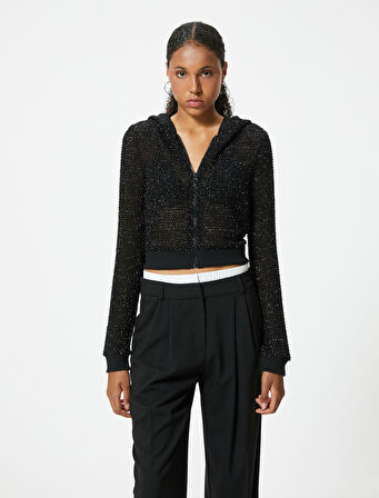 Crop Tişört Fermuarlı Kapüşonlu Uzun Kollu Simli Slim Fit