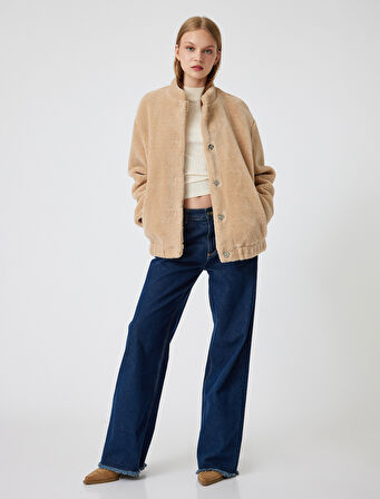 Oversize Peluş Ceket Cep Detaylı Çıtçıt Düğmeli Bomber Yaka
