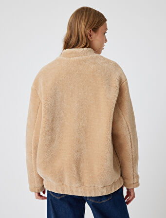 Oversize Peluş Ceket Cep Detaylı Çıtçıt Düğmeli Bomber Yaka