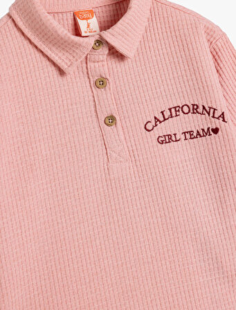 Polo Yaka Sweatshirt İşleme Detaylı Uzun Kollu Dokulu