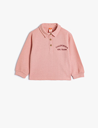 Polo Yaka Sweatshirt İşleme Detaylı Uzun Kollu Dokulu