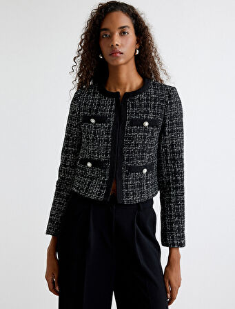 Tüvit Ceket Yuvarlak Yaka Cepli İnce Düğme Detaylı Bol Kalıp