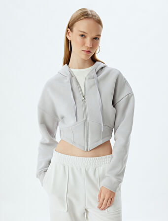 Crop Sweatshirt Fermuarlı Korse Görünümlü Kapüşonlu
