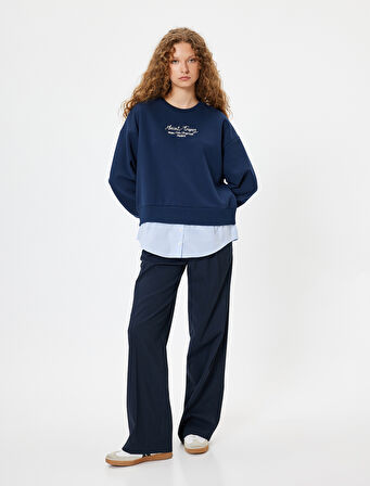 Oversize Sweatshirt Bisiklet Yaka Sloganlı Kumaş Detaylı