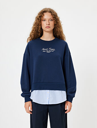 Oversize Sweatshirt Bisiklet Yaka Sloganlı Kumaş Detaylı