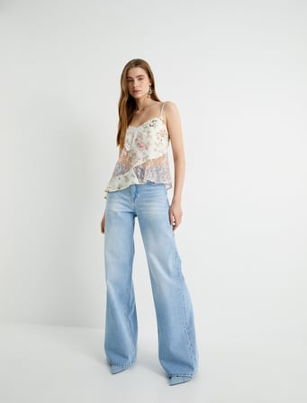 Bol Paça Kot Pantolon Standart Bel Cepli Pamuklu - Bianca Wide Leg Jeans