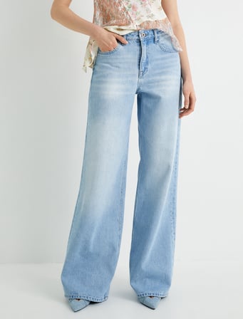 Bol Paça Kot Pantolon Standart Bel Cepli Pamuklu - Bianca Wide Leg Jeans