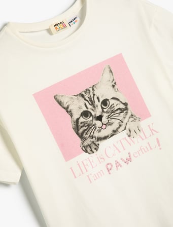 Tişört Kısa Kollu Kedi Baskılı Bisiklet Yaka Pamuklu