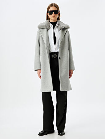 Yakası Çıkarılabilir Suni Kürk Detaylı Uzun Oversize Kaşe Kaban 