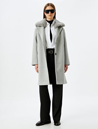 Yakası Çıkarılabilir Suni Kürk Detaylı Uzun Oversize Kaşe Kaban 