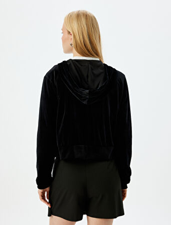 Cepli Kapüşonlu Fermuarlı Kadife Sweatshirt