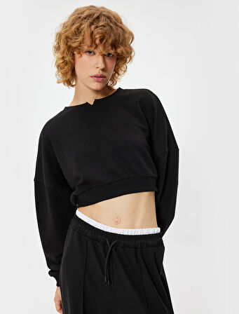 Crop Sweatshirt Bisiklet Yaka Ribanalı Uzun Kollu Rahat Kalıp