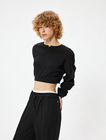 Crop Sweatshirt Bisiklet Yaka Ribanalı Uzun Kollu Rahat Kalıp