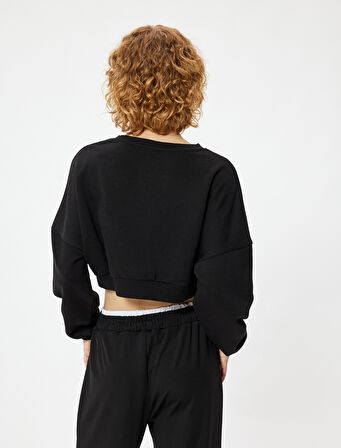 Crop Sweatshirt Bisiklet Yaka Ribanalı Uzun Kollu Rahat Kalıp