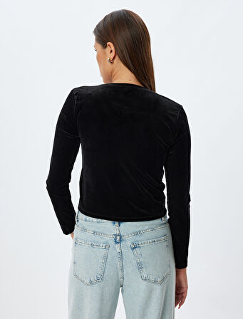 Kadife Crop Tişört Büzgülü V Yaka Uzun Kollu Slim Fit