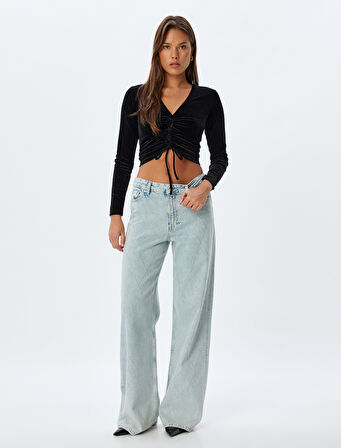Kadife Crop Tişört Büzgülü V Yaka Uzun Kollu Slim Fit