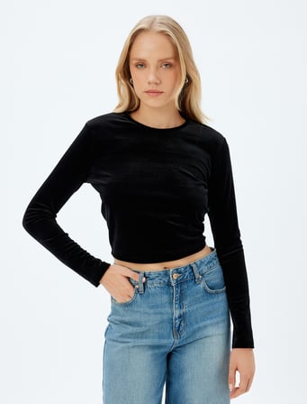 Uzun Kollu Kadife Tişört Bisiklet Yaka Slim Fit