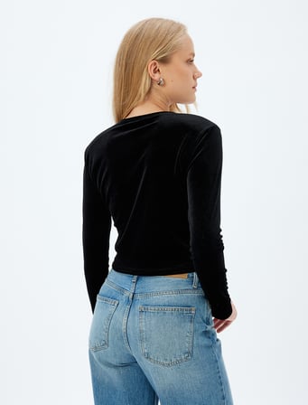 Uzun Kollu Kadife Tişört Bisiklet Yaka Slim Fit