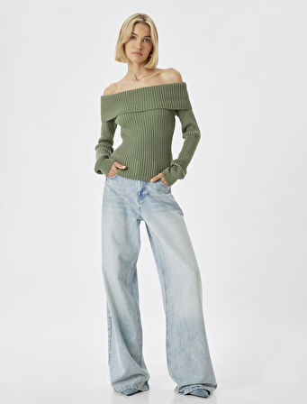 Omzu Açık Triko Kazak Uzun Kollu