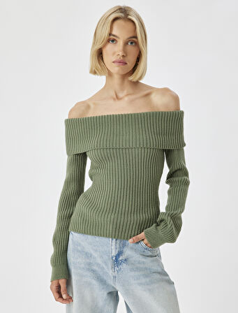 Omzu Açık Triko Kazak Uzun Kollu