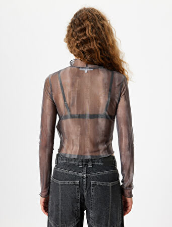 Uzun Kollu Tişört Tül Dikiş Detaylı Yakası Fırfırlı Slim Fit