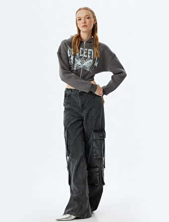 Crop Sweatshirt Fermuarlı Kapüşonlu Korse Detaylı Baskılı Slim Fit Şardonlu