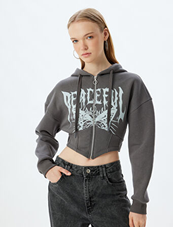 Crop Sweatshirt Fermuarlı Kapüşonlu Korse Detaylı Baskılı Slim Fit Şardonlu