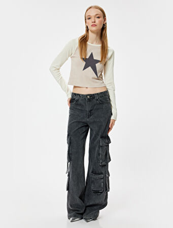 Uzun Kollu Tişört Yıldız Baskılı Bisiklet Yaka Slim Fit