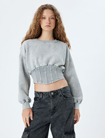 Crop Sweat Korse Detaylı Bisiklet Yaka Yıkamalı Slim Fit