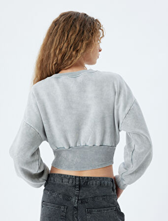 Crop Sweat Korse Detaylı Bisiklet Yaka Yıkamalı Slim Fit