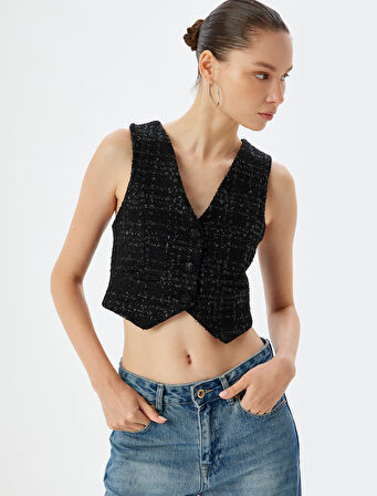 Tüvit Yelek Crop Kolsuz Düğmeli V Yaka Slim Fit